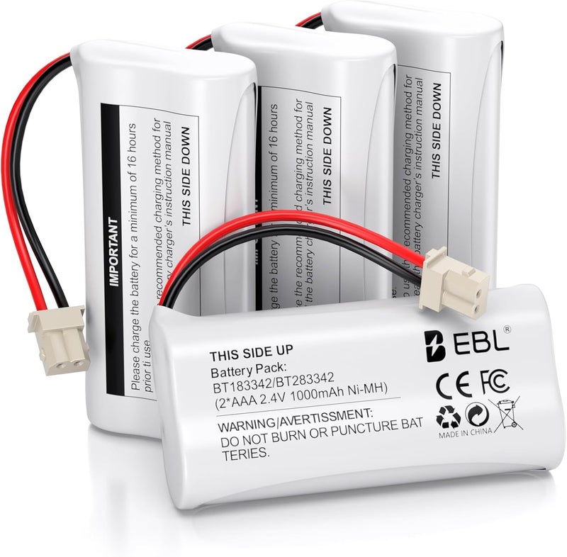 EBL BT162342/BT262342 2.4V 1000mAh Ni-MH Battery Compatible for BT183342/BT283342 BT166342/BT266342 VTech CS6114 CS6419 CS6719 at&T EL52300 CL80111 Cordless Phone (Pack of 4) White - Image 1